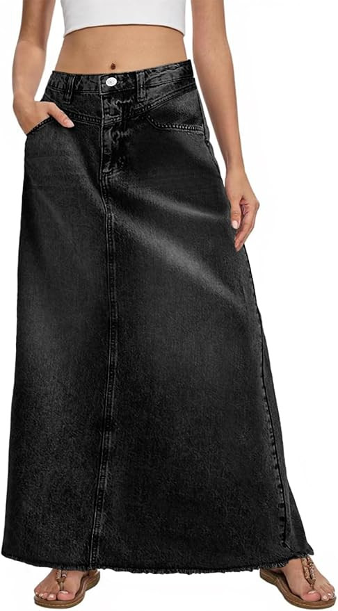 Fisoew Women's Vintage Denim Maxi Skirt Casual High Waist A-Line Frayed Hem Long Jean Skirt with ... | Amazon (US)