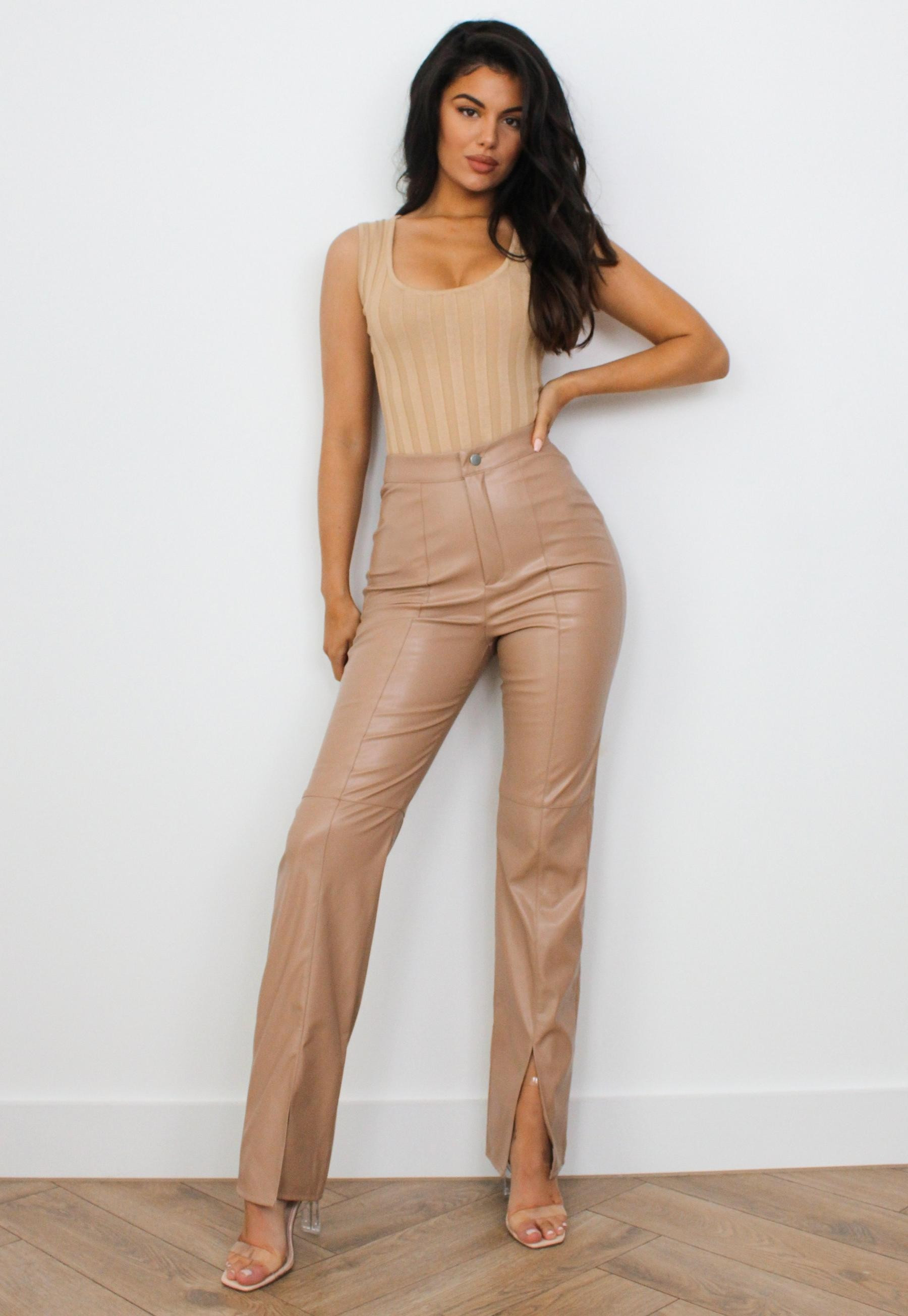 Mocha Faux Leather Split Front Pants | Missguided (US & CA)