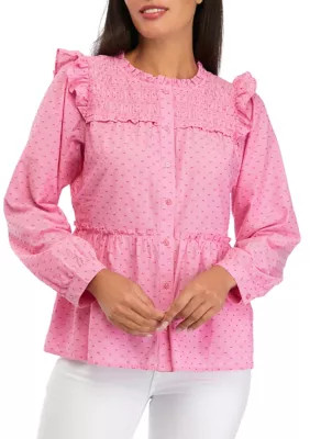 Women's Smocked Button Front Ruffle Top | Belk
