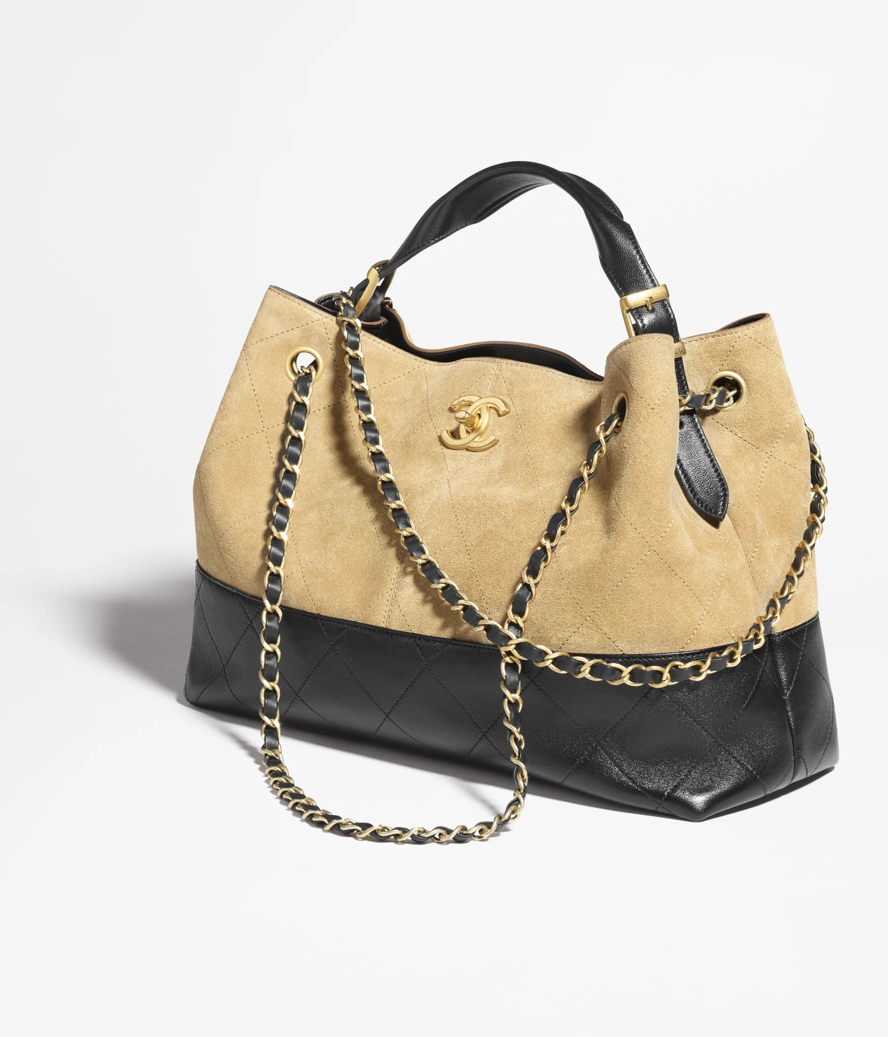 Small shopping bag, Suede calfskin, shiny lambskin & gold-tone metal, beige & black — Fashion |... | Chanel, Inc. (US)
