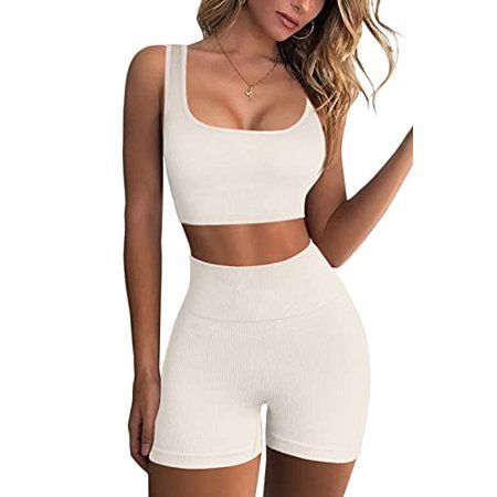 FAFOFA Workout Sets for Women 2 Piece Seamless Ribbed Crop Tank High Waist Shorts Yoga Outfits (XS B | Walmart (US)