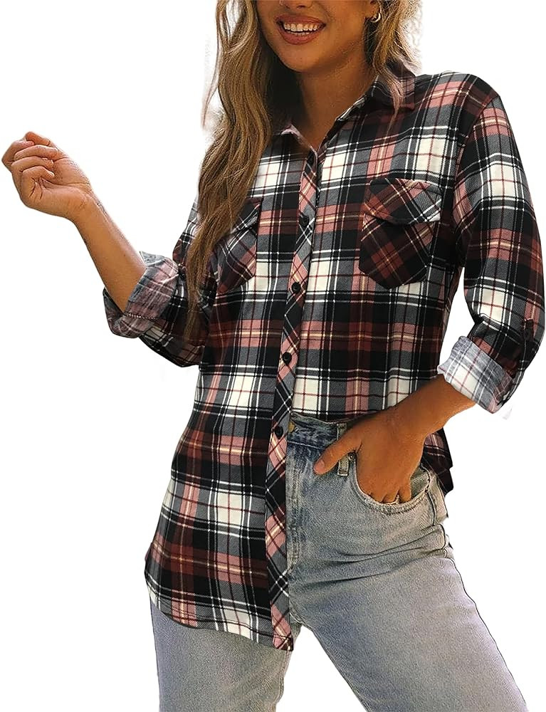 Oyamiki Womens Casual Cuffed Long Sleeve Boyfriend Button Down Plaid Flannel Shirt Tops | Amazon (US)