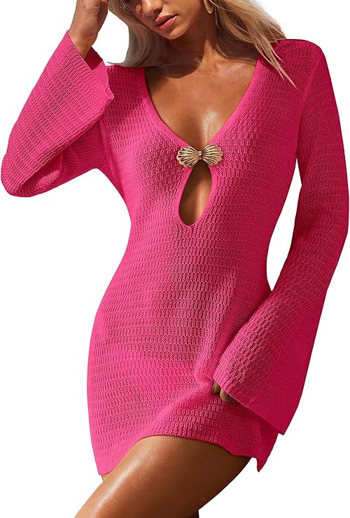 ANRABESS Women Beach Cover Ups 2026 Summer Crochet Knit Swimwear Mesh Bathing Suit Hollow Out Dre... | Amazon (US)