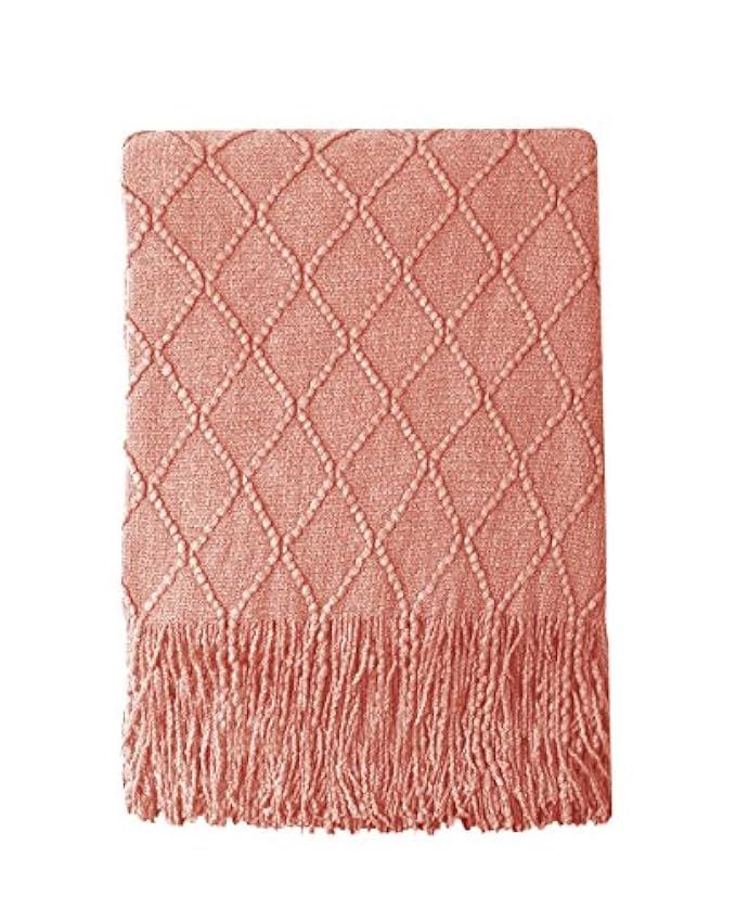 Bourina Coral Throw Blanket Textured Solid Soft Sofa Couch Decorative Knit Blanket, 50" x 60", Coral | Amazon (US)