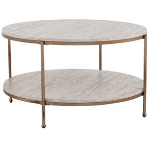 Maklaine Modern 33.25" Round Faux Stone Top Coffee Table in White | Homesquare