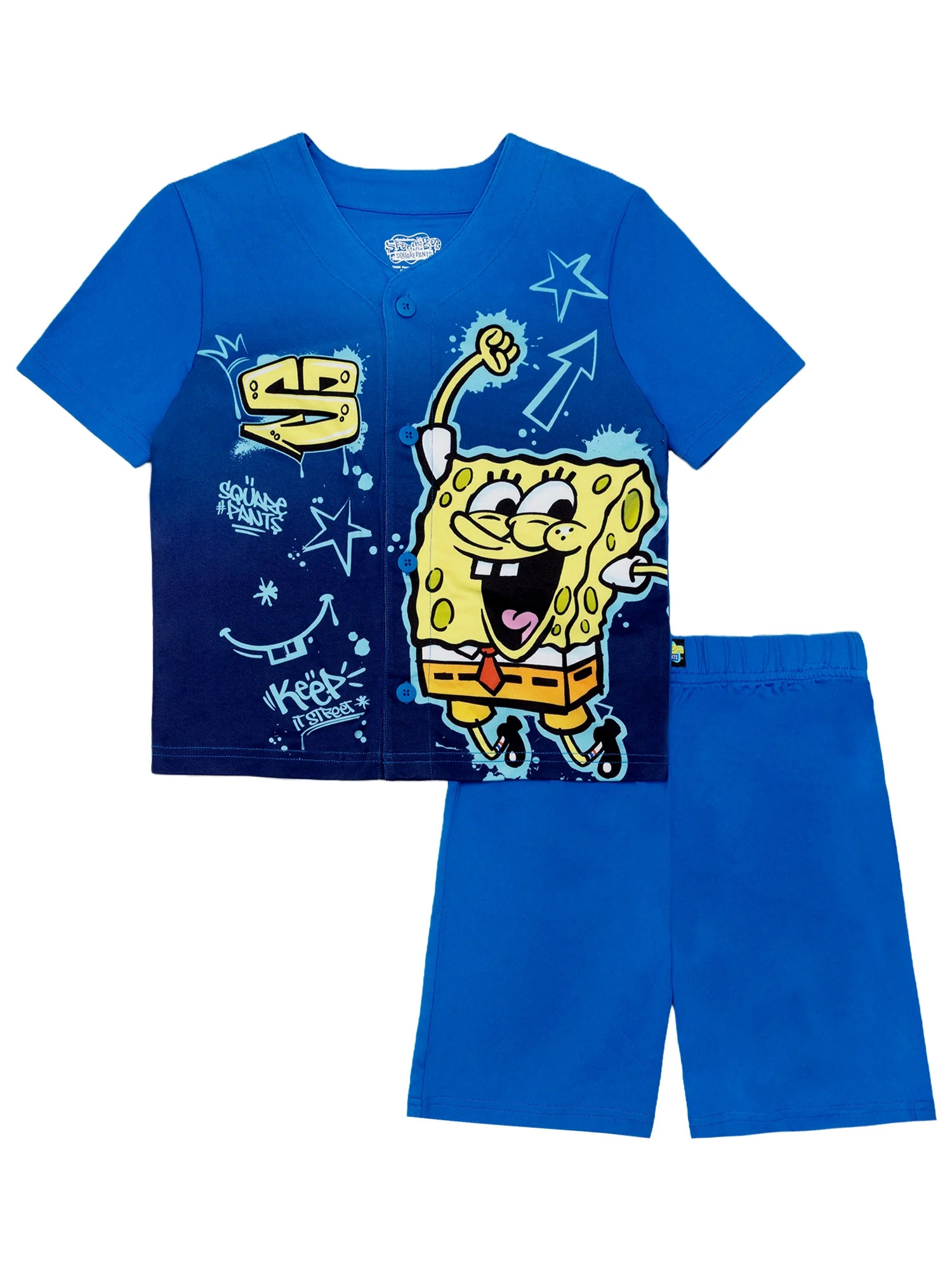 SpongeBob SquarePants 2-Piece Short Sleeve Top and Short Jersey Coat Pajama Set, Sizes 4-12 | Walmart (US)