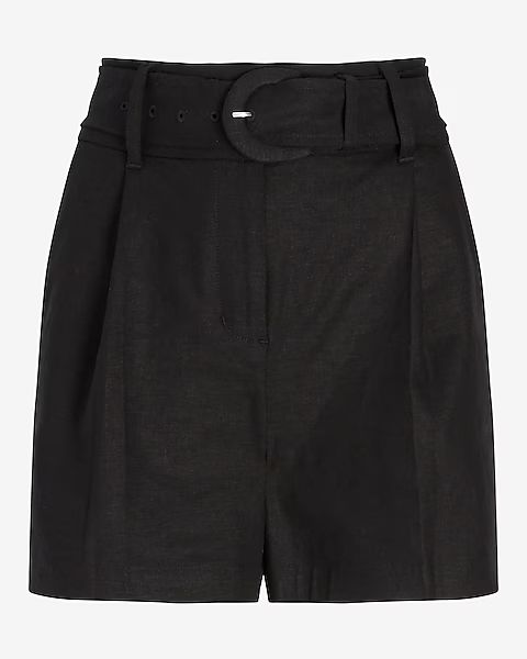 Super High Waisted Belted Linen-Blend Shorts | Express