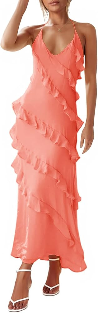 Wenrine Womens Sexy Chiffon Halter Maxi Dress Sleeveless Backless Ruffle Tassel Party Club Dresse... | Amazon (US)
