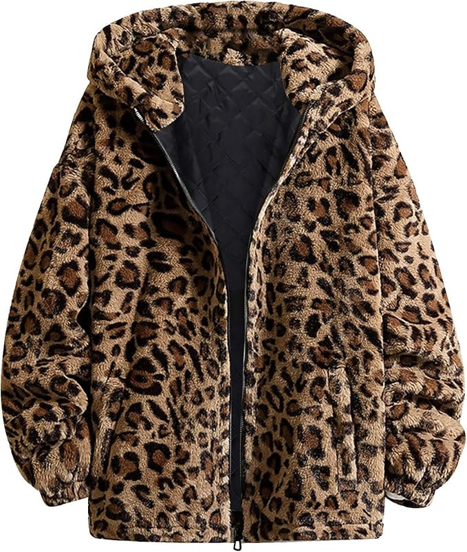 Damenjacke, langärmelig, Leopardenmuster, flauschig, Fleece, Reißverschluss, Kapuzenjacke, Män... | Amazon (DE)