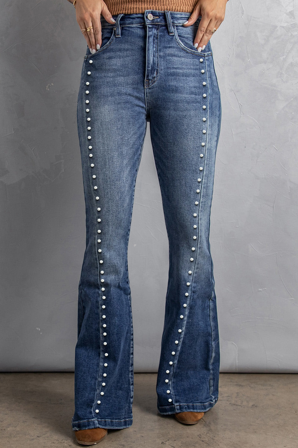 Beading Light Wash High Waist Flare Jeans | Evaless