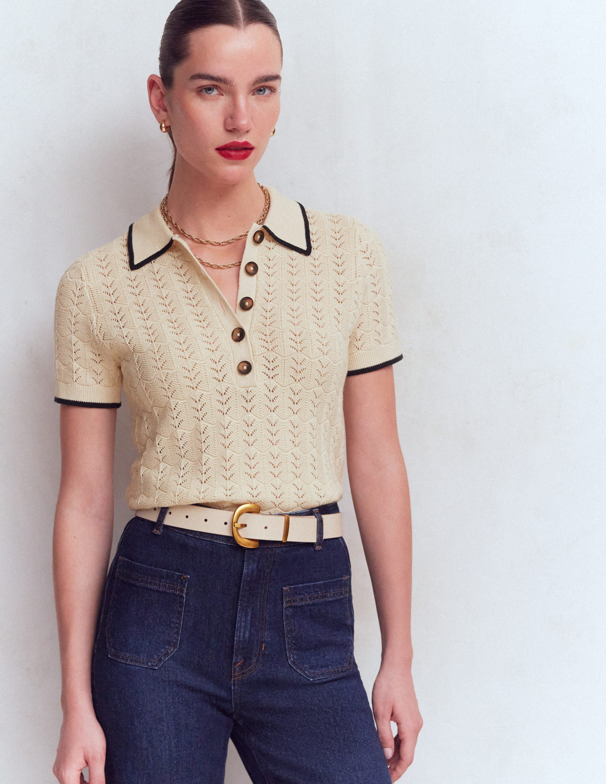 Pointelle Henley T-shirt-Cream | Boden (US)