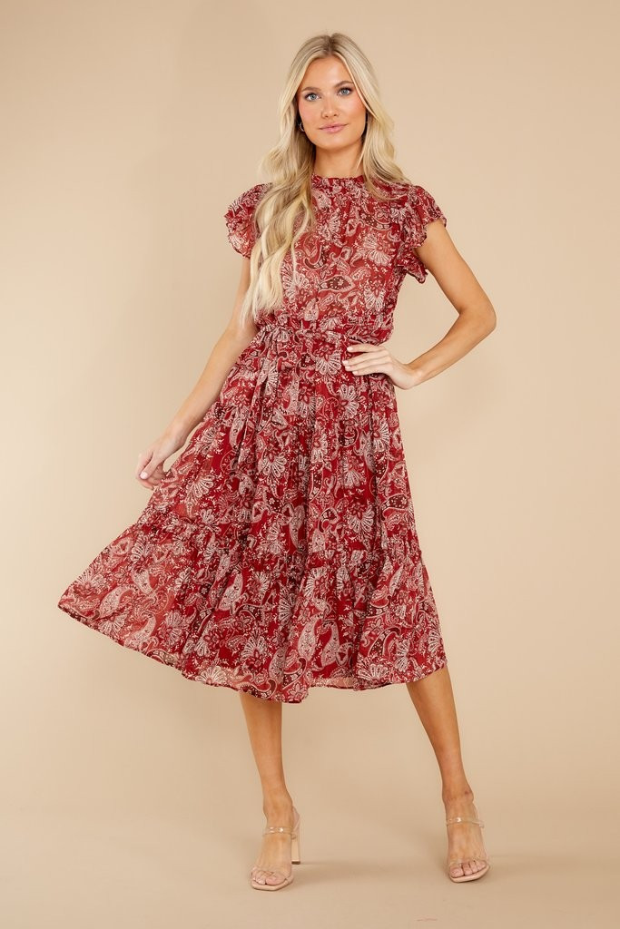 Fancy Charm Cranberry Multi Print Midi Dress | Red Dress 