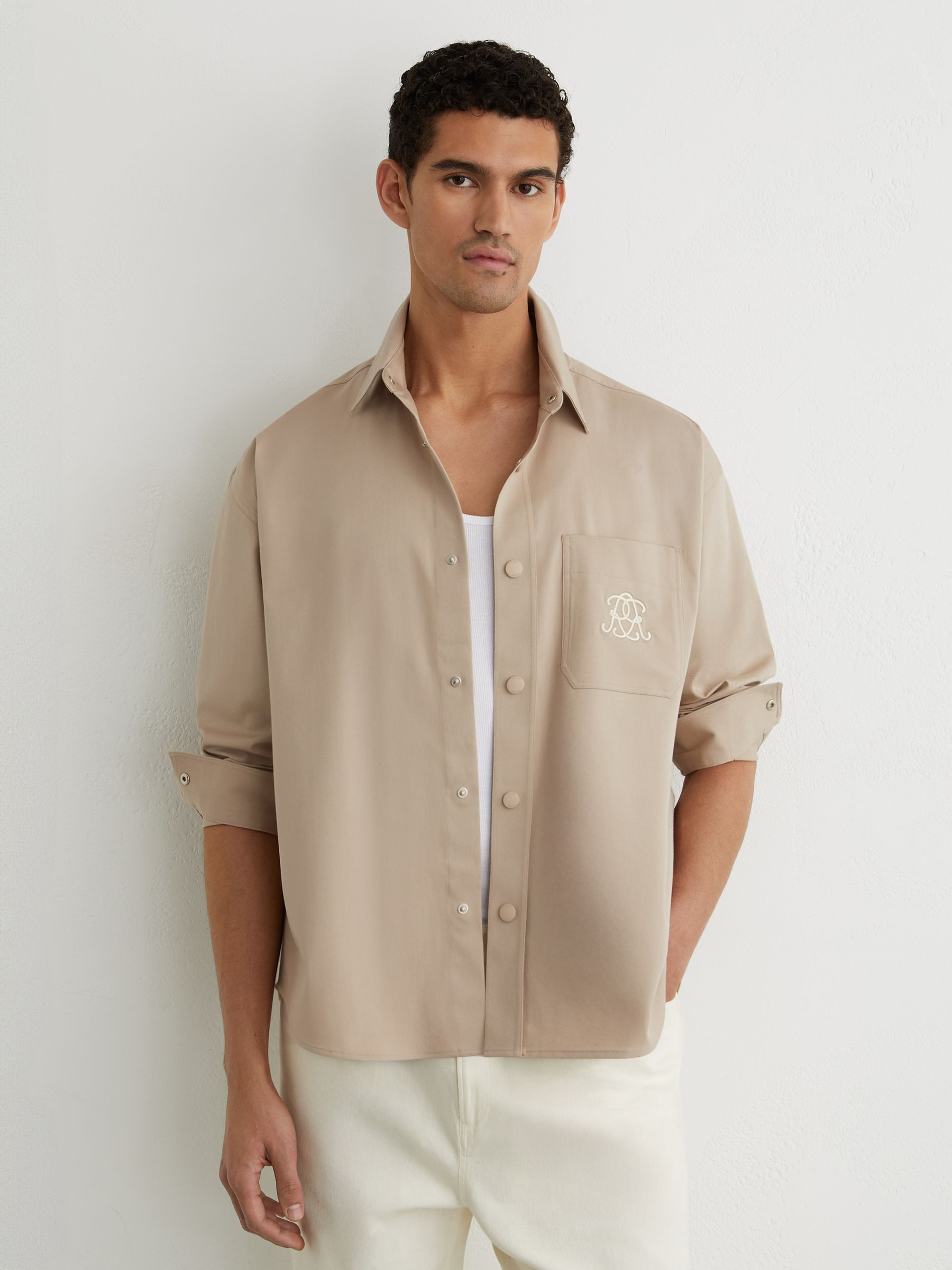 Reiss Monogram Embroidered Relaxed Overshirt Stretch-Cotton in Light Stone - REISS | Reiss UK