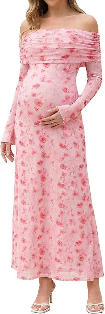 KUTUMAI Off Shoulder Strecth Maternity Dress Long Sleeve Floral Maxi Wedding Guest Pregnancy Baby... | Amazon (US)