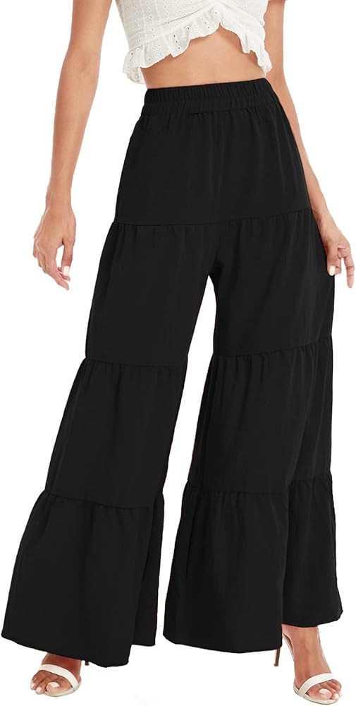 Floerns Women's Elastic High Waist Ruffle Wide Leg Pants Loose Beach Palazzo Pants | Amazon (US)