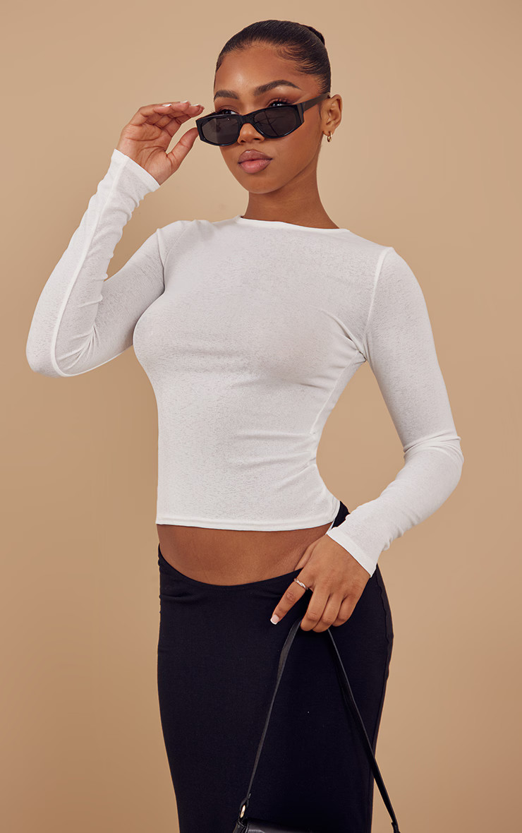 White Burnout Mesh Long Sleeve Top | PrettyLittleThing UK