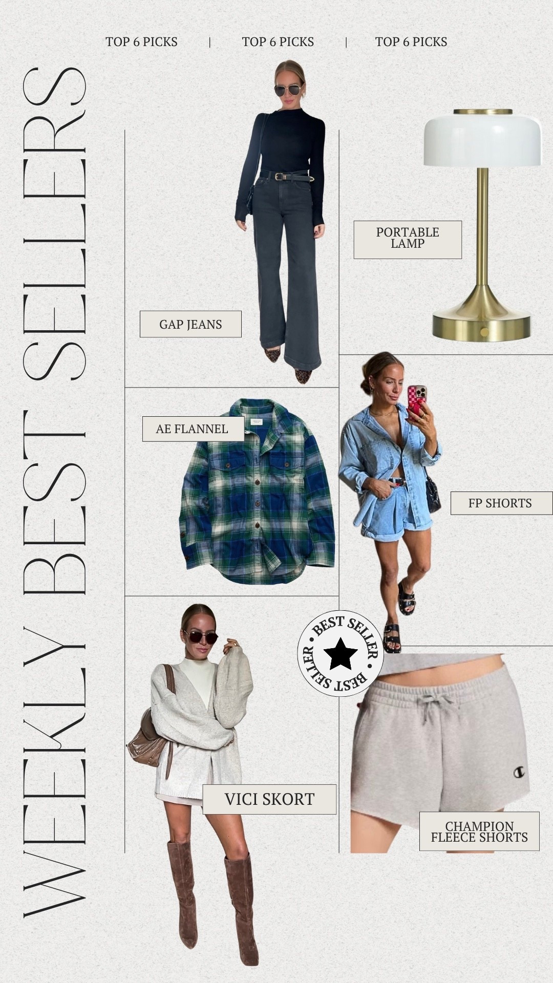Weekly Top Six Picks 🫶🏼 
1. Gap Black Denim Jeans 
2. Portable Lamp from Walmart!!
3. AE cozy flannel 
4. FP Danni Short (goes with everything)
5. Vici skort (save with code JESSICAB25)
6. Champion fleece shorts from Target 

#topsix #ltkbestsellers #lolasfaves

#LTKStyleTip #LTKSaleAlert #LTKActive