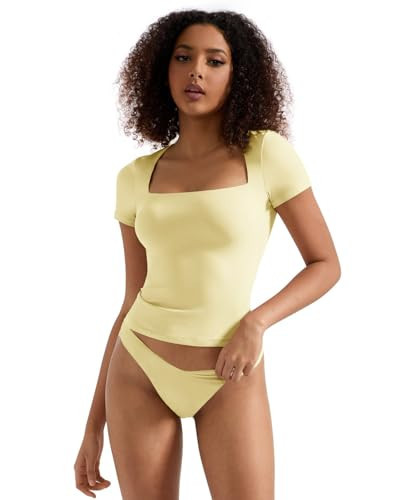 SUUKSESS Women Double Lined Fitted Basic Tee Shirts Square Neck Short Sleeve Y2K Going Out Crop Tops (Yellow, S) | Amazon (US)