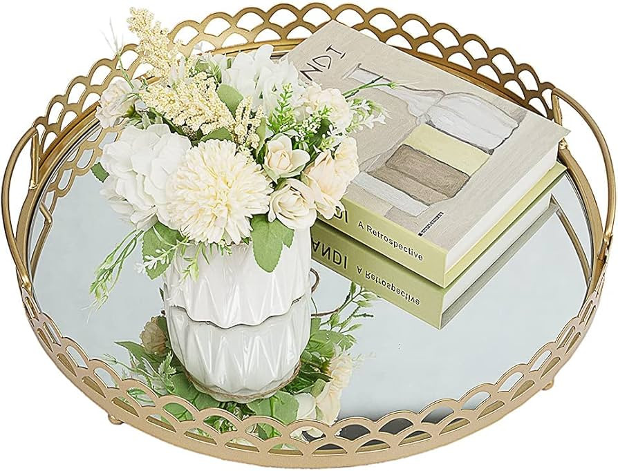 MAONAME Gold Mirror Decorative Tray, Large Vanity Tray with Handle, Metal Round Glass Tray for Ba... | Amazon (US)
