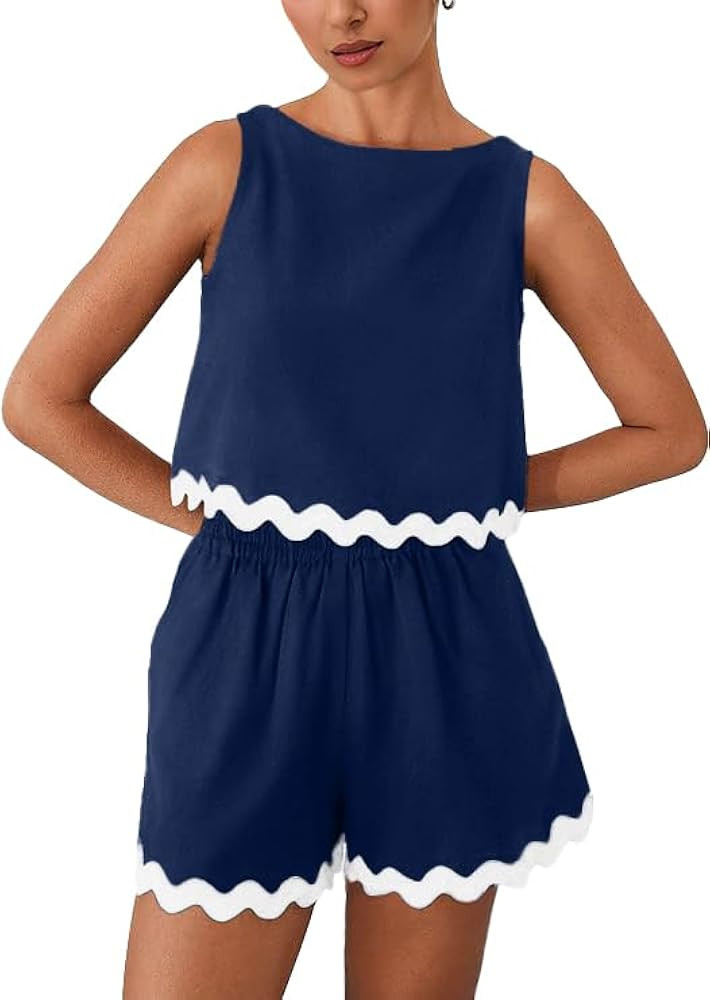 GRECERELLE Women 2024 Summer 2 Piece Outfits Set Lace Trim Crewneck Tank Crop Top and Shorts Loun... | Amazon (US)