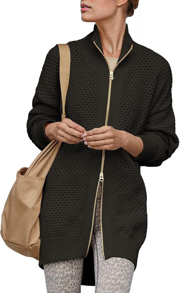 Women's Turtleneck Zip Up Cardigan Sweaters Oversized Drop Shoulder Long Sleeve Casual Solid Mesh... | Amazon (US)