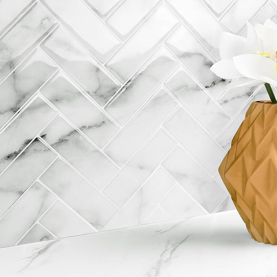 Livelynine 16-Tiles Peel and Stick Backsplash Tile White Marble Herringbone Kitchen Backsplash Ti... | Amazon (US)
