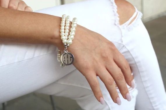 Monogrammed Pearl Bracelet Fresh Water Pearl Bracelet Triple | Etsy | Etsy (US)