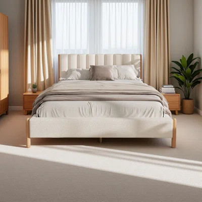 Queen Size Bed Frame With Boucle Upholstered Thick Headboard, Solid Wooden Legs | Wayfair North America
