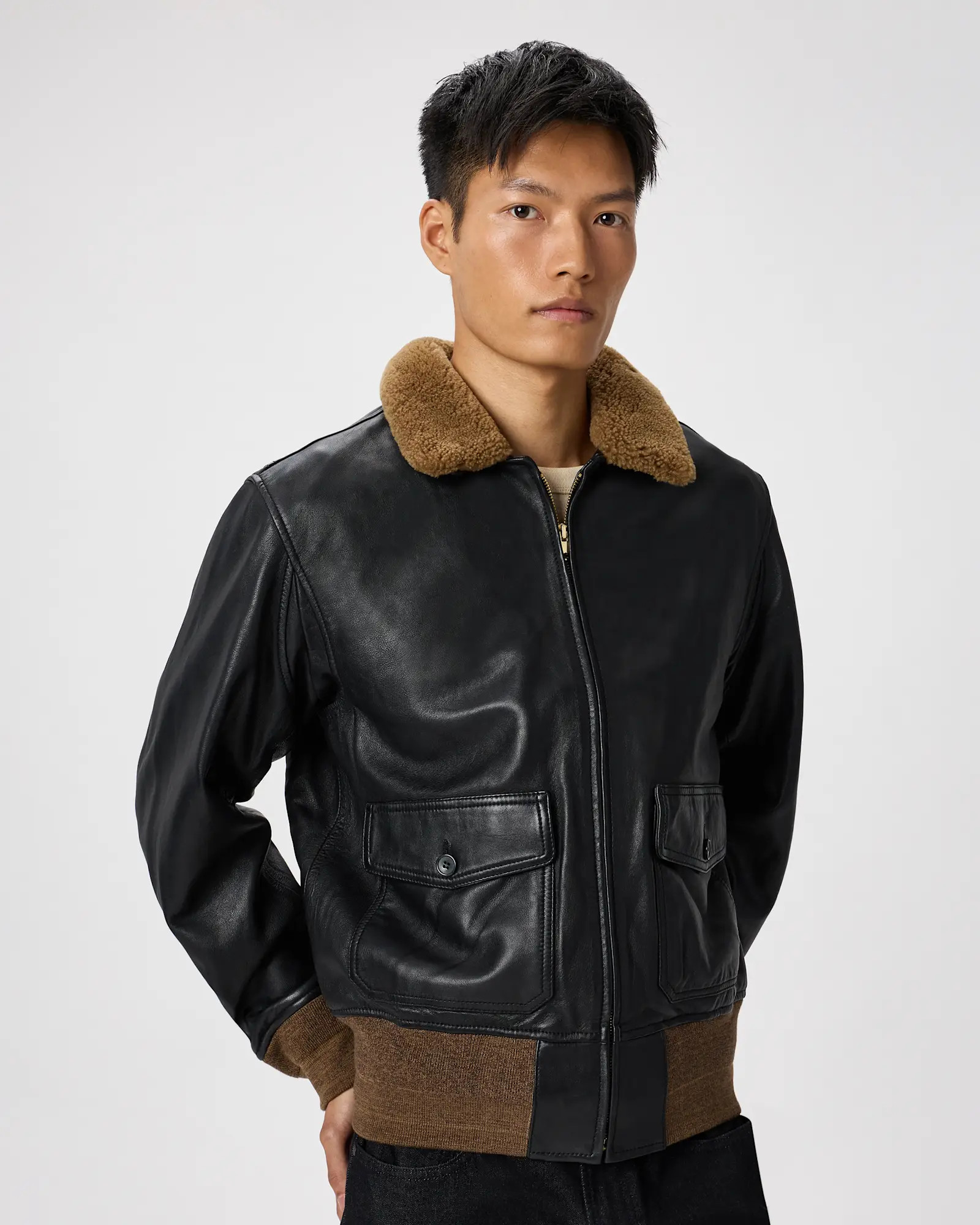 Shearling Collar Leather Flight Jacket | Quince