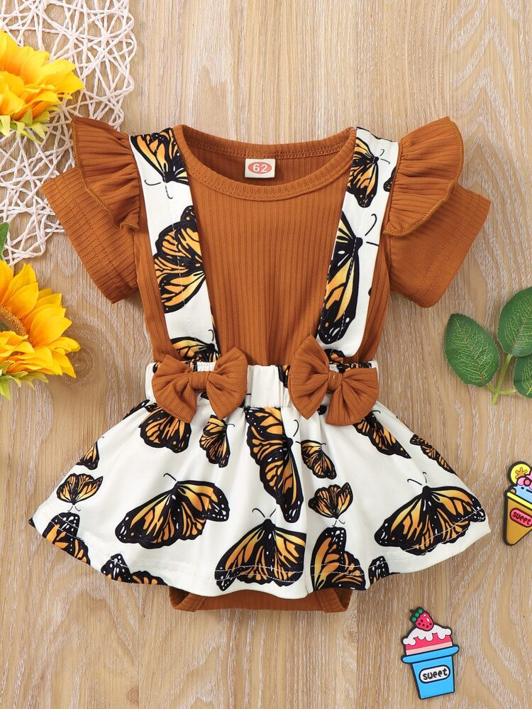 Baby Butterfly Print Bow Front Ruffle Trim 2 In 1 Bodysuit Dress | SHEIN