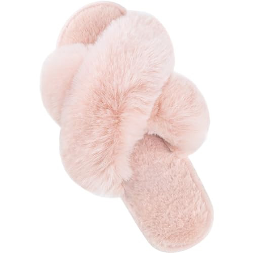 Parlovable Women's Fuzzy Cross Band Slippers, Memory Foam House Shoes with Anti-Slip Rubber Sole, Open Toe Plush Fleece Indoor Slippers for Ladies, Cozy Gifts for Women Light Pink 5-6 | Amazon (US)