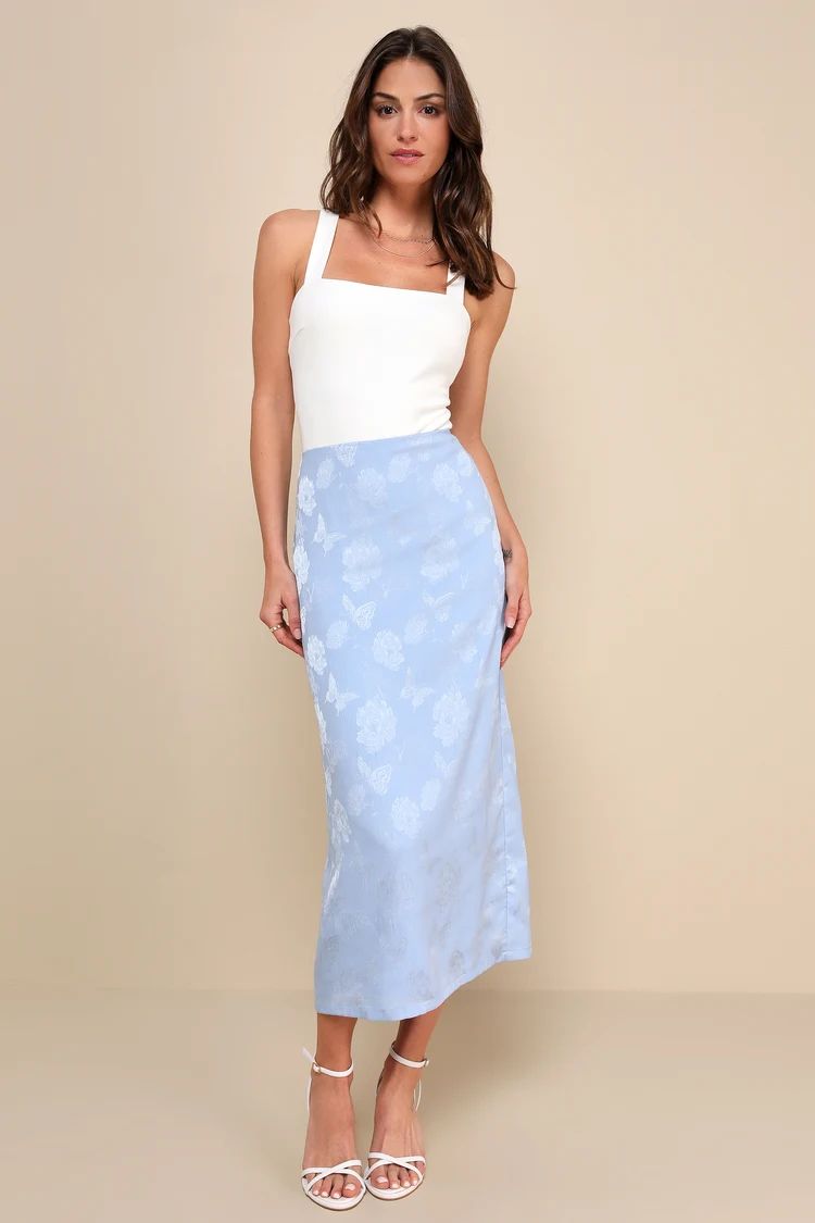 Delightful Approach Light Blue Floral Jacquard Midi Skirt | Lulus