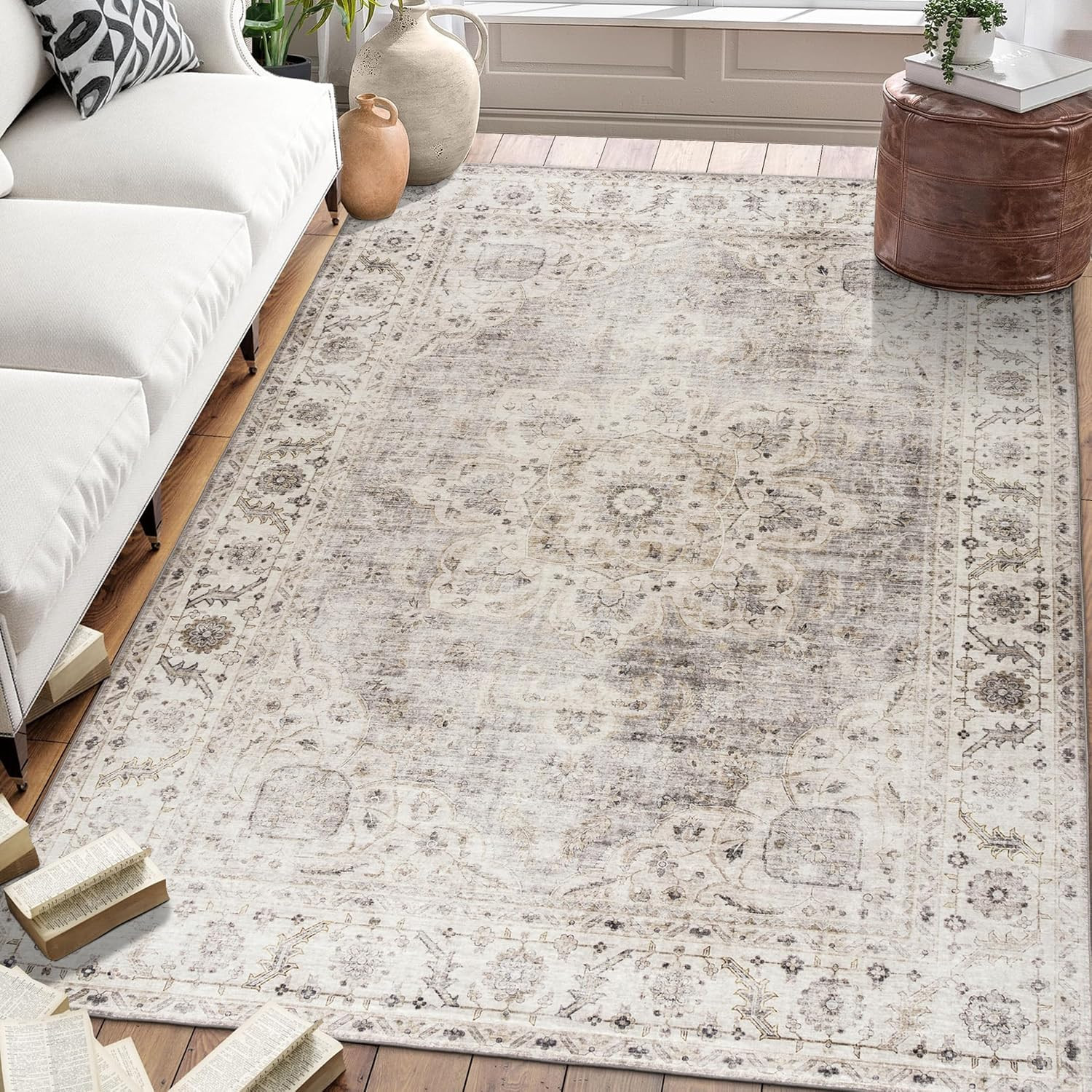 Machine Washable Area Rug - Living Room Bedroom Bathroom Kitchen Entryway Office - Padded Low Pile Stain Resistant Premium - Boho Farmhouse Vintage - Joy - Beige Ivory 7'6" x 9'6" | Amazon (US)