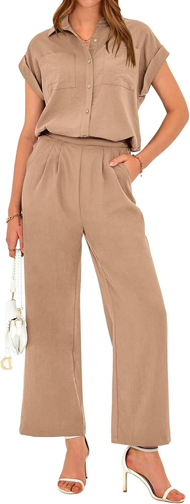 PRETTYGARDEN Women's Summer 2 Piece Outfits 2024 Casual Tracksuit Short Sleeve Button Down Shirts... | Amazon (US)