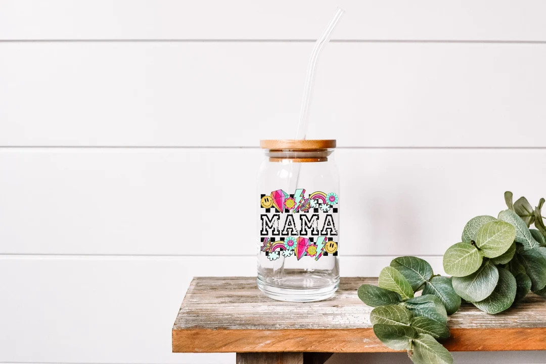 Retro Style Mama 16oz Beer Can Glass, Lightening bolt, happy face, checkered pattern, mother's da... | Etsy (US)