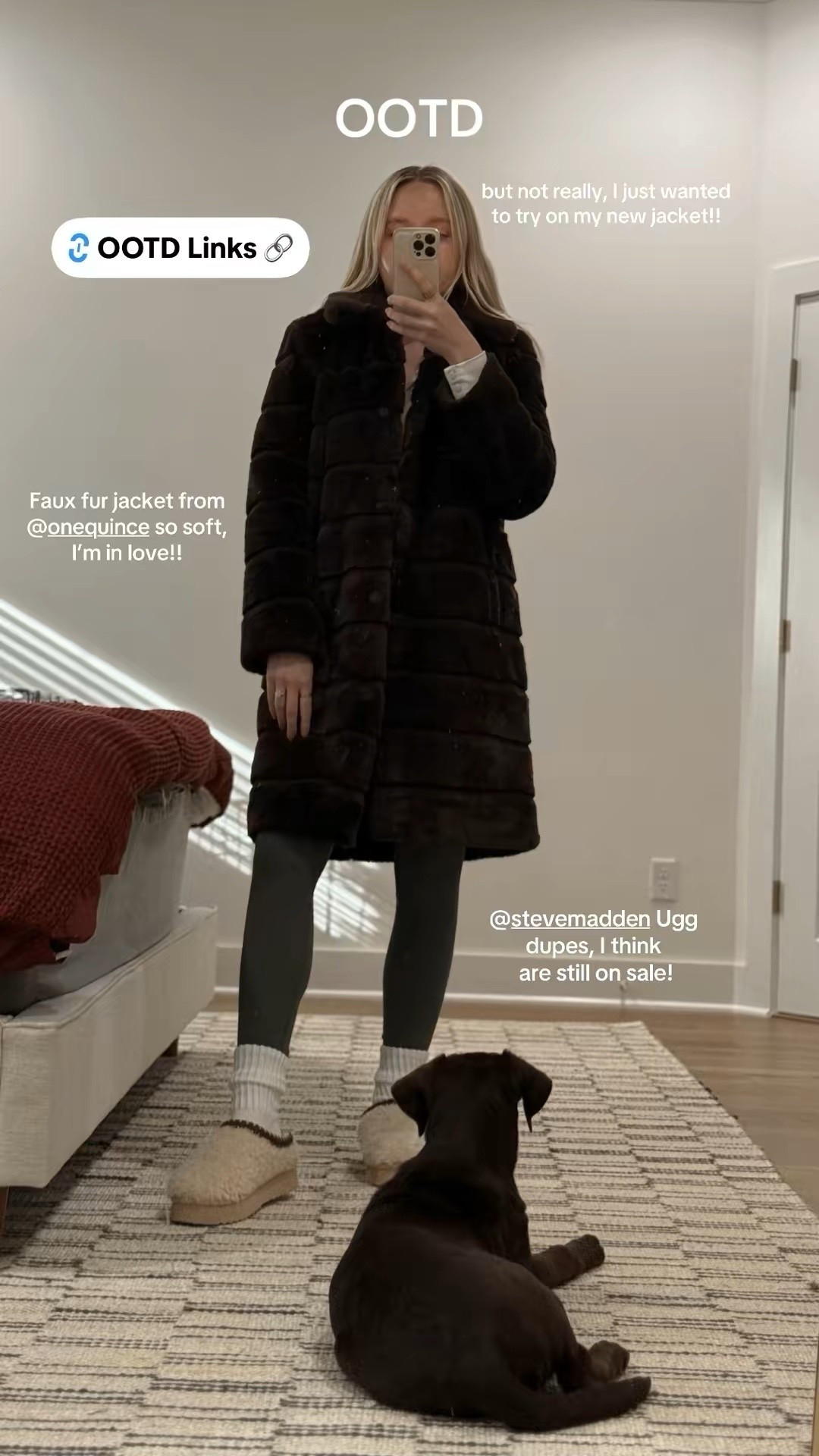 A little coat try-on moment 🤍 I wanted a new winter jacket that felt a little more polished and elevated. I found this faux fur coat from Quicnce and I’m IN LOVE. I couldn’t wait to try it on so I threw it on over my work from home oufit. The brown is gorgeous, the material is insanely soft, and it looks so elevated for winter. Also, I think my go-to UGG dupe slippers are still on sale!. Linking everything + similar cozy finds! I ordered a size small in the jacket!

quince faux fur coat
faux fur coat outfit
winter coat try on
brown faux fur coat
quince winter coat
cozy winter outfits
work from home outfit
neutral winter style
ugg slipper dupes
slipper dupes
steve madden slippers
winter cozy essentials
neutral fashion finds
athleisure outfit
minimal winter outfit
everyday winter outfit ideas
amazon winter finds
cozy winter fashion
everyday winter fashion 


#LTKdayinmylife #LTKHoliday #LTKootd