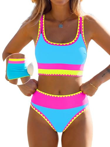 popvil High Waisted Bikini Sets for Women 3 Piece Swimsuits Tummy Control Bathing Suits with Skirt Beach Vacation 2026 Bluehotpink S | Amazon (US)