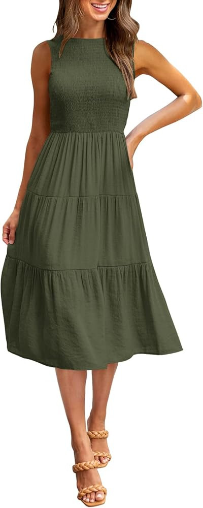 KYL Women's Summer Casual Midi Dress Boho Sleeveless Smocked Flowy A-Line Beach Party Dress | Amazon (US)