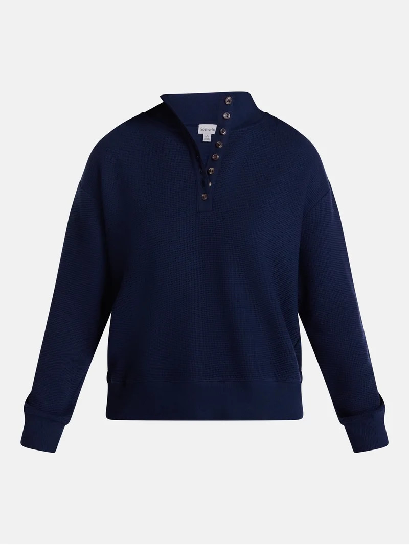Scenario Women's and Women's Plus Waffle Knit Button Top with Long Sleeves, Sizes XS-4X | Walmart (US)