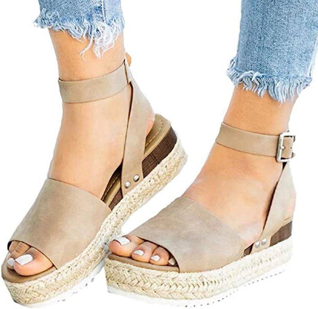 Wedges Sandals for Women Casual Espadrille Slide On Platform Sandals Comfort Open Toe Ankle Strap... | Amazon (US)