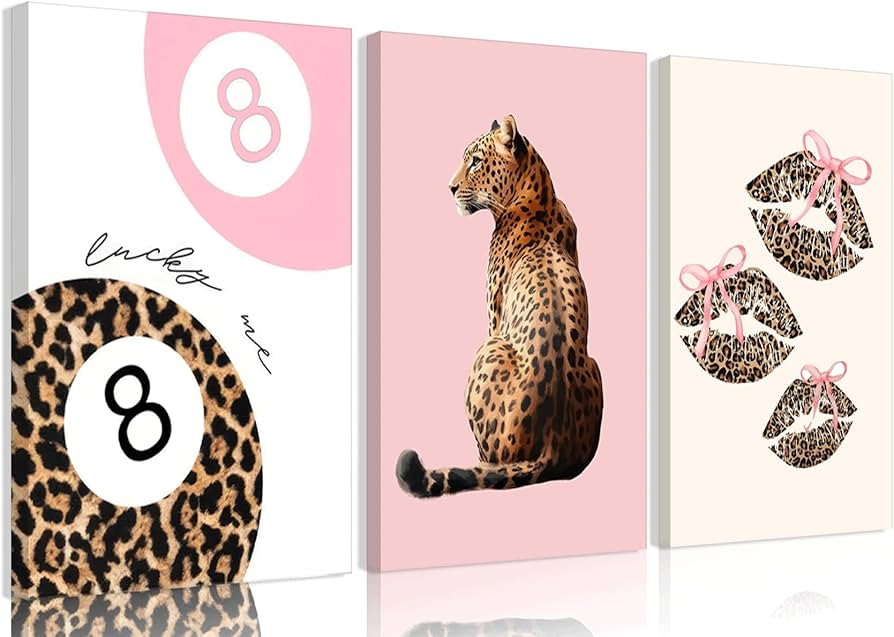 3Pcs Pink Trendy Leopard Print Canvas Wall Art,Fashion Cheetah Poster,Lucky 8-Ball Lip Bow Pictur... | Amazon (US)