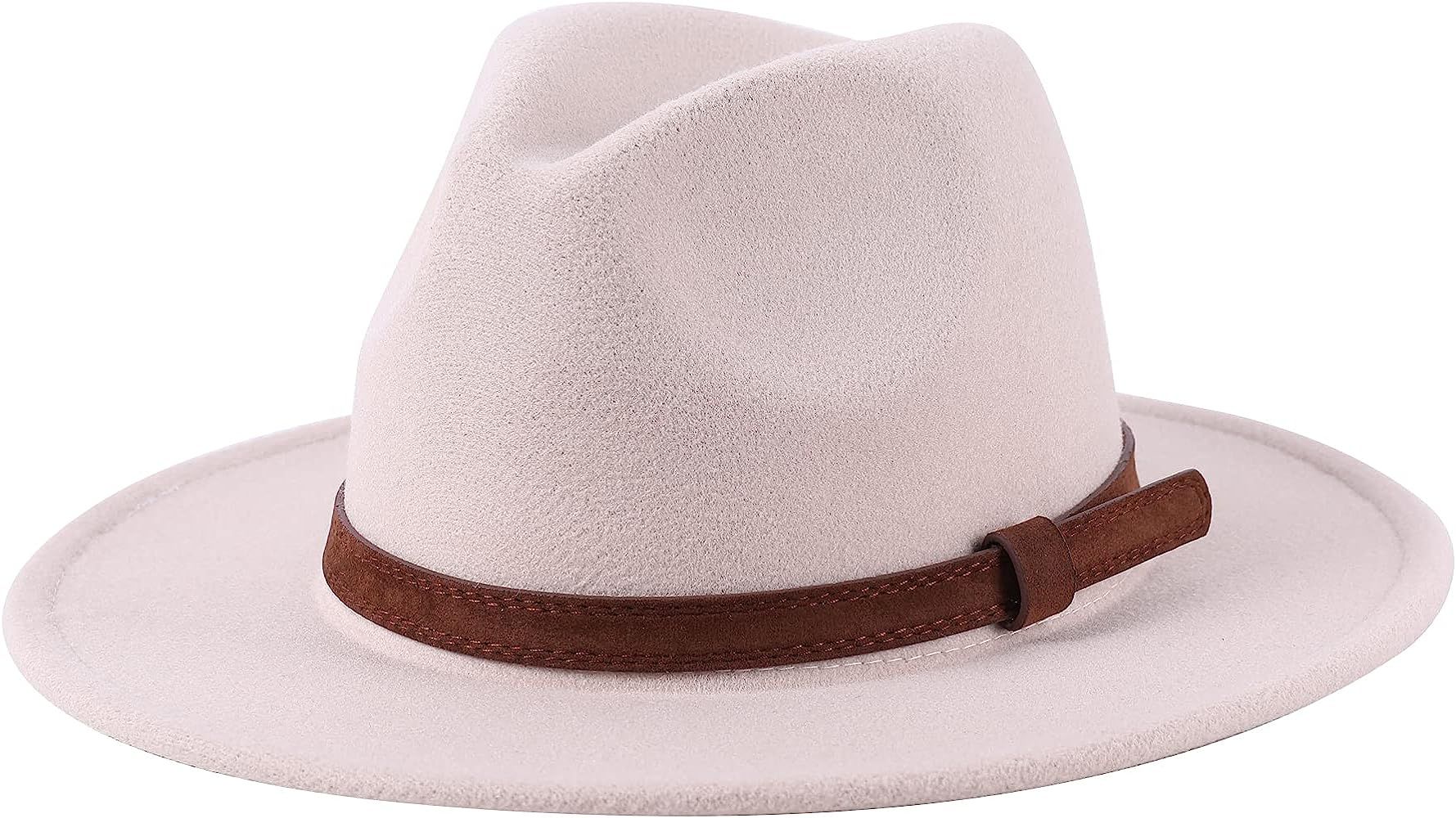 Lanzom Women Wide Brim Warm Wool Fedora Hat Retro Style Belt Panama Hat | Amazon (US)