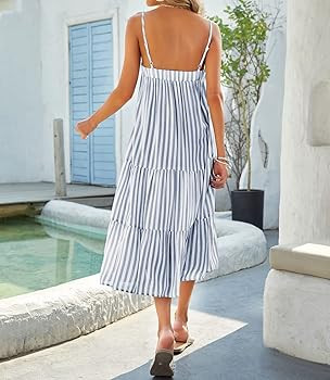 Lueluoye Women's Sleeveless Striped Dress Summer Spaghetti Strap Adjustable Loose Cami Beach Boho... | Amazon (US)