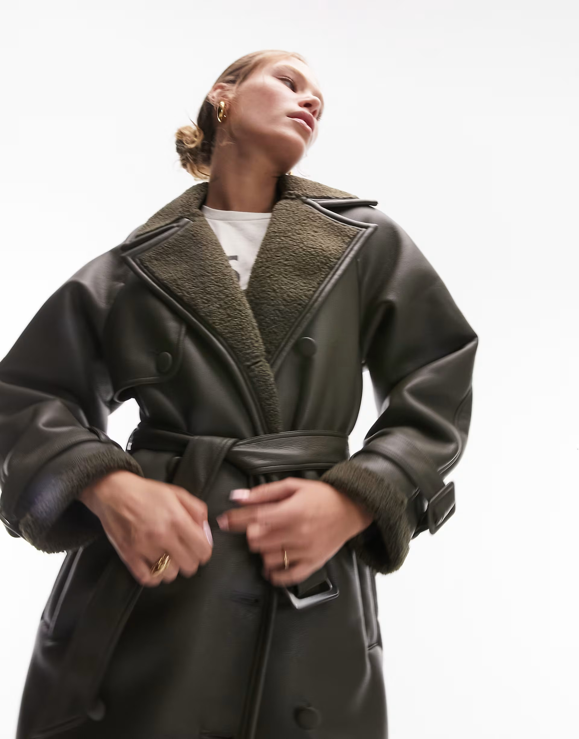 Topshop faux leather bonded borg trench coat in olive | ASOS (Global)