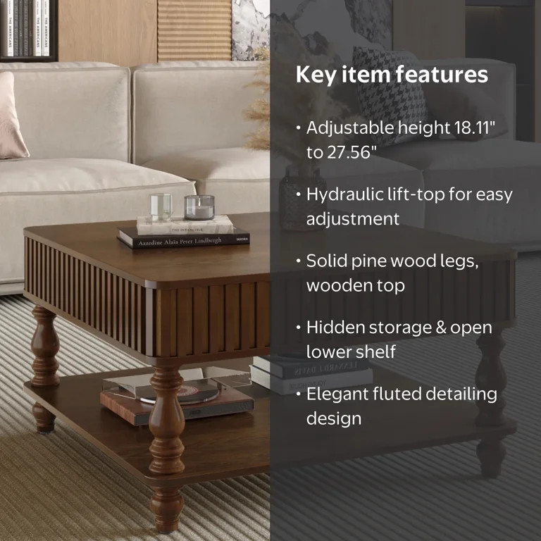 Noble House Square Fluted Lift-Top Coffee Table with Hidden & Open Storage, Hydraulic Design and ... | Walmart (US)