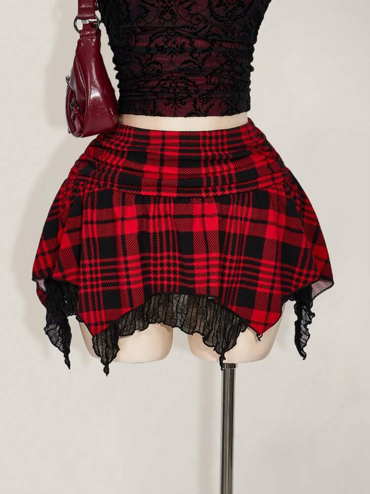 SHEIN ICON Plus Size Asymmetric Hem Waist Ruched High Waist Plaid Skirt, Y2K, Punk, Music Festival Style Goth | SHEIN