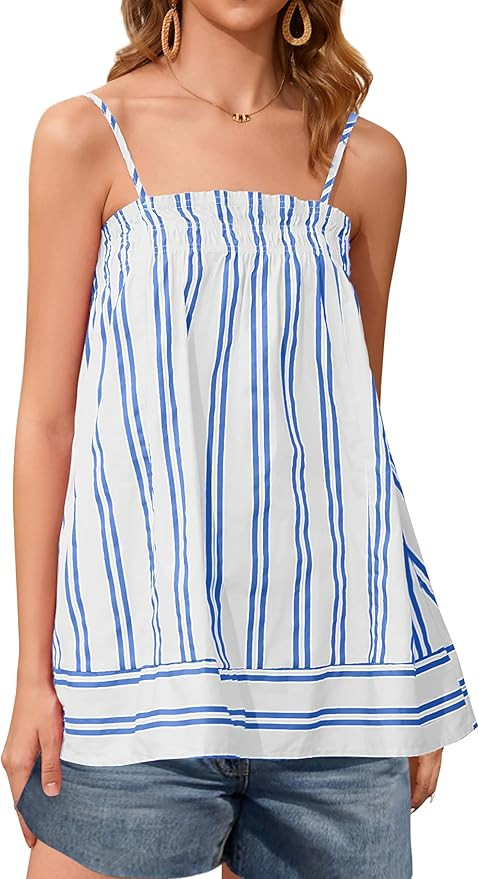 MISSACTIVER Women Sleeveless Striped Tunic Tank Top Summer Color Block Smocked Spaghetti Strap Ca... | Amazon (US)
