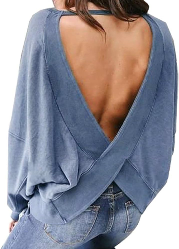 Women's Backless Loose Shirt Long Sleeve Open Back Cross Tee Top Blouse | Amazon (US)