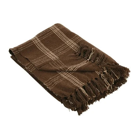 Creative Co-Op Recycled Cotton Blend Throw Blanket with Fringe, Brown Plaid | Walmart (US)