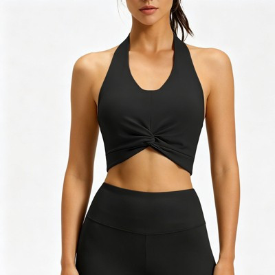 Women's Halter Sports Bra, Twist Front Removable Pads High Impact Yoga Crop Top Black XL | Target